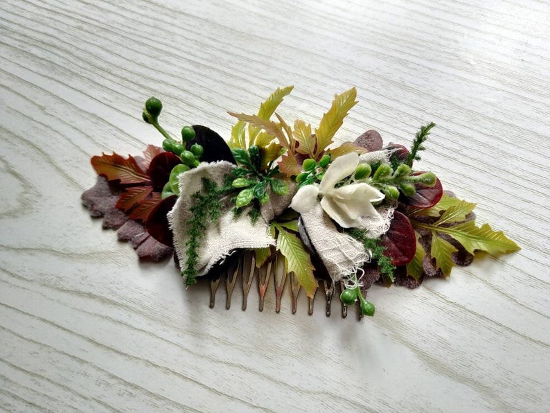 Rustic Fern Boho Bride headdress Lush Neetle Forest Purple Autumn headpiece White Linen Bridal Bow Fall Woodland Fairy Floral Comb