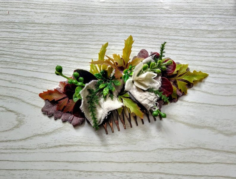 Rustic Fern Boho Bride headdress Lush Neetle Forest Purple Autumn headpiece White Linen Bridal Bow Fall Woodland Fairy Floral Comb