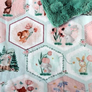 Peut inclure: Une couverture pour bébé avec un motif d'animaux de la forêt fantaisiste. La couverture présente des motifs hexagonaux avec des illustrations d'écureuils, de lapins et d'ours parmi les fleurs. La palette de couleurs comprend des roses, des bleus et des verts doux, avec un toucher en peluche.
