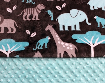 Minky Baby Blanket - Jungle Theme - Elephants, Giraffes, Hippos - Topaz - Swaddle - Shower Gift - Baby Gift - Gender Neutral - Soft - Cuddly
