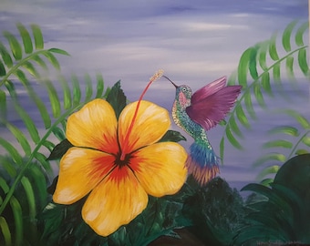 Yellow Hibiscus Hummingbird Tropical Painting
