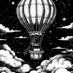 May include: A black and white illustration of a hot air balloon floating in the night sky. The balloon is surrounded by clouds and stars. The text "Miss Petis" is written on the balloon.