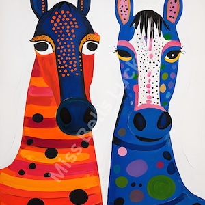 May include: Two colorful horse head paintings with a blue background. One horse has orange, red, and black stripes and polka dots. The other horse has blue, pink, white, and green polka dots.