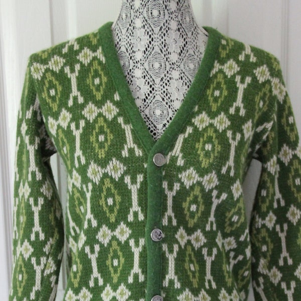 1960s Green Patterned Knit Cardigan Large