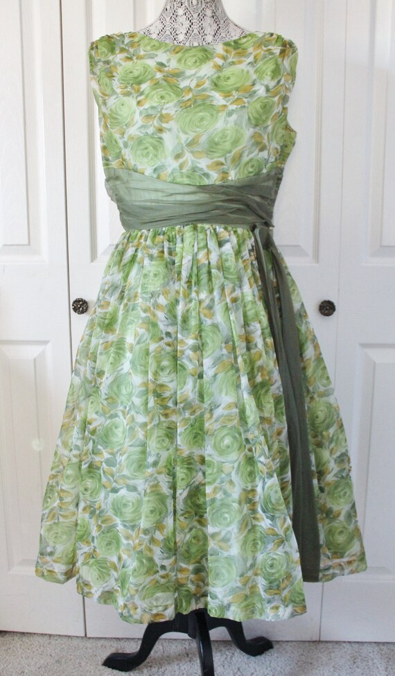 1950s Green and Yellow Chiffon Prom Dress Large