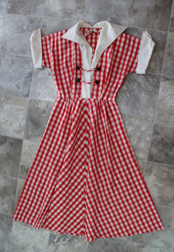 1940s Red and White Gingham Day Dress Small