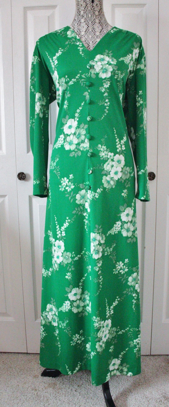 1960s Kelly Green Floral Maxi Dress XL to XXL