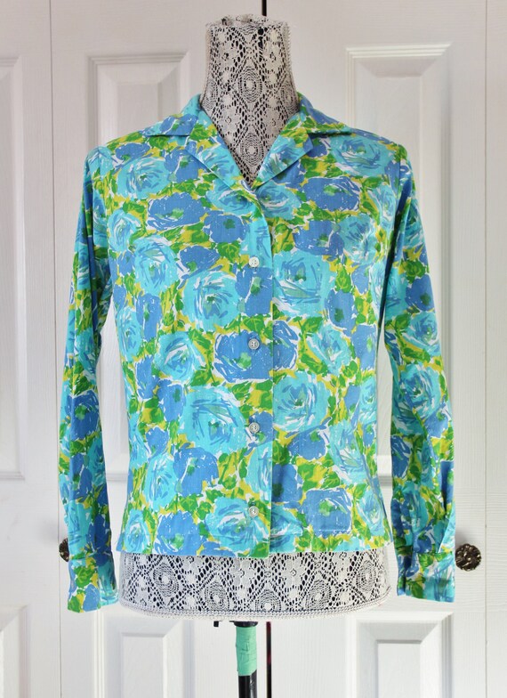 1960s Susan Van Heusen Green and Blue Floral Blous