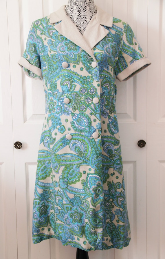 1960s Blue and Green House Dress Extra Large