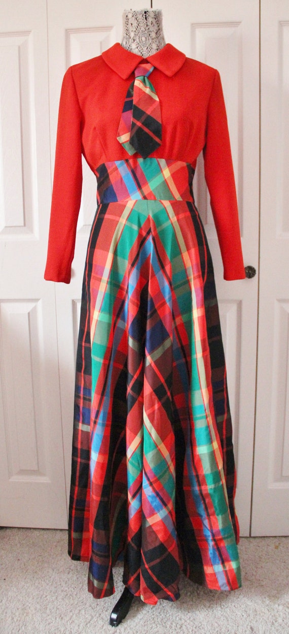 Late 1960s Date Mate Orange Red and Green Plaid Sk
