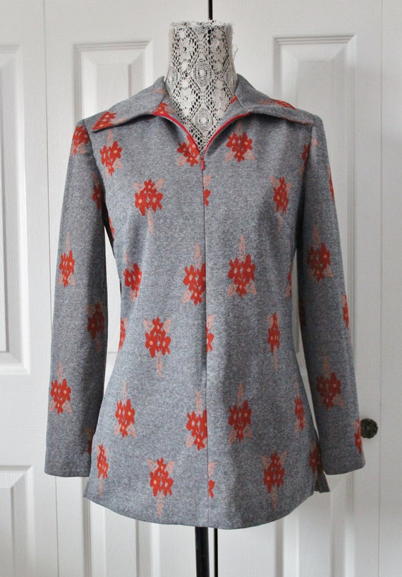 1960s Grey and Orange Zipper Front Top Tunic Mediu