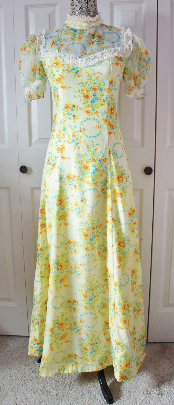 1960s Mod Yellow Floral Maxi Dress Medium