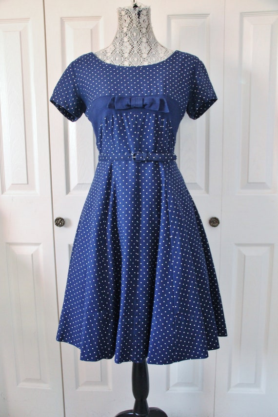 1950s Henry Allen Navy Blue and White Polka Dotted Dress | Etsy