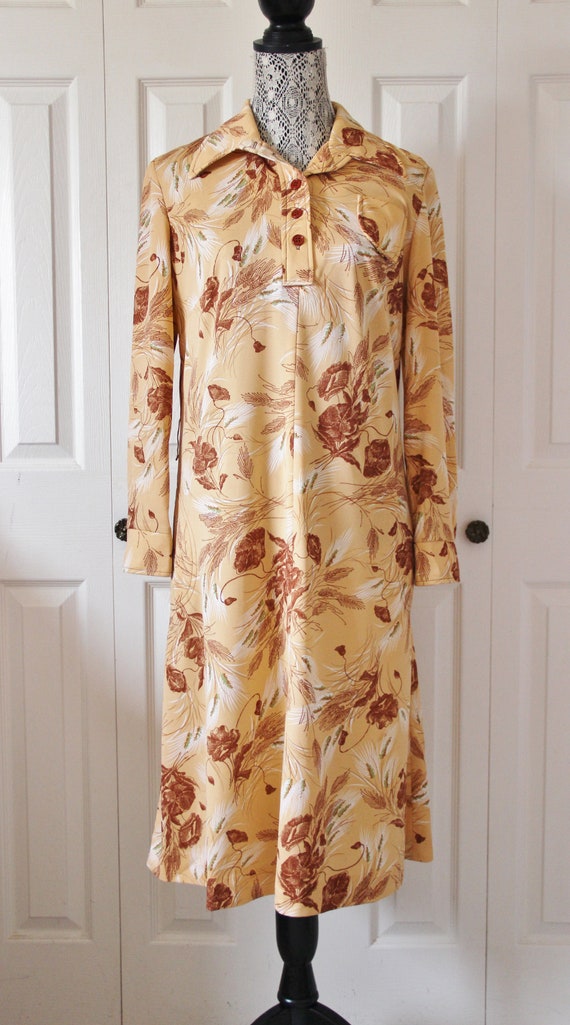 1970s Beige and Brown Fall Day Dress Extra Large