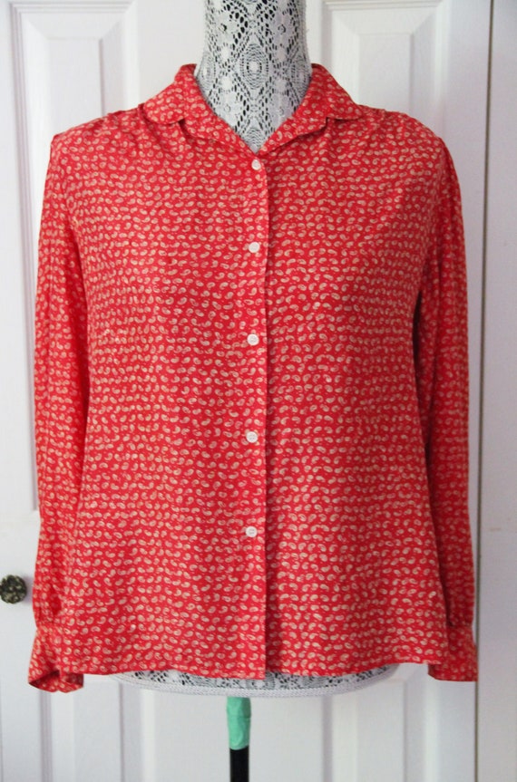 1980s Red Patterned Silk Blouse Large