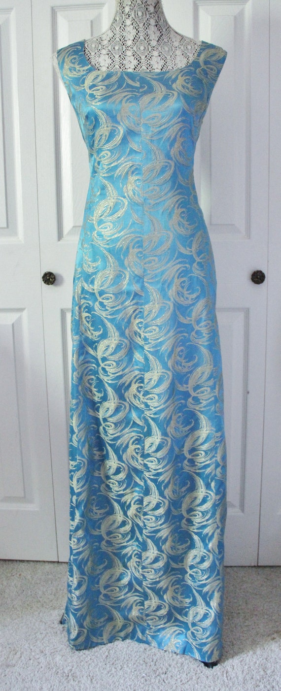 1960s Metallic Brocade Teal and Blue Maxi Dress Me