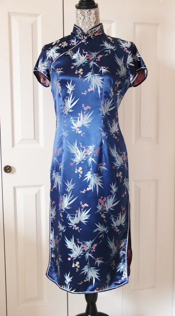 1950s Blue Silk Oriental Inspired Dress Medium