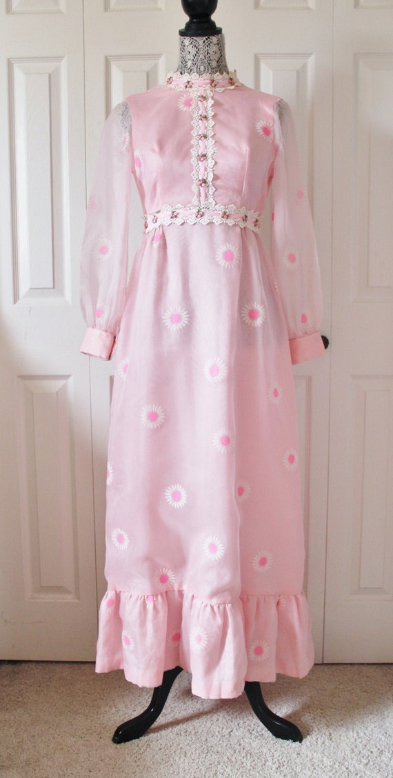1960s Pink Floral Chiffon Maxi Dress Extra Small X