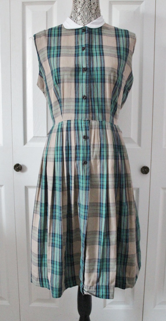 1950s Green and Blue Plaid Dress Large