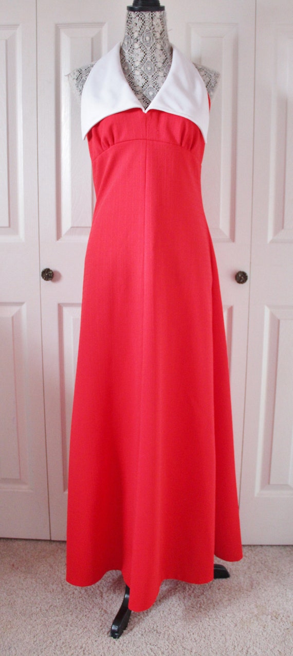 1960s Red and White Halter Neck Maxi Dress Medium