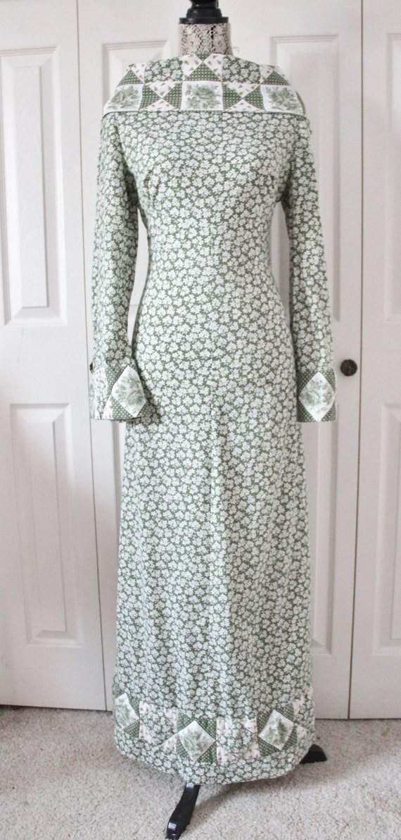 1970s Green Patchwork Maxi Dress Large