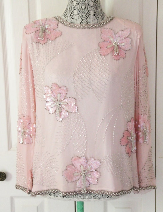 1980s Pink Satin Beaded Shirt with Shoulder Pads M