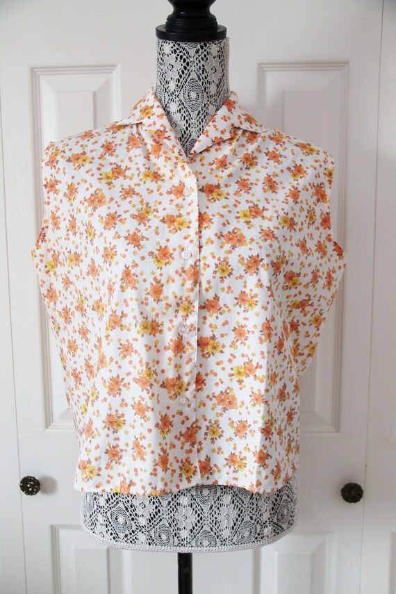 1960s Orange Floral Blouse Large
