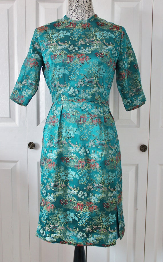 1960s Oriental Inspired Teal Silk Dress Medium