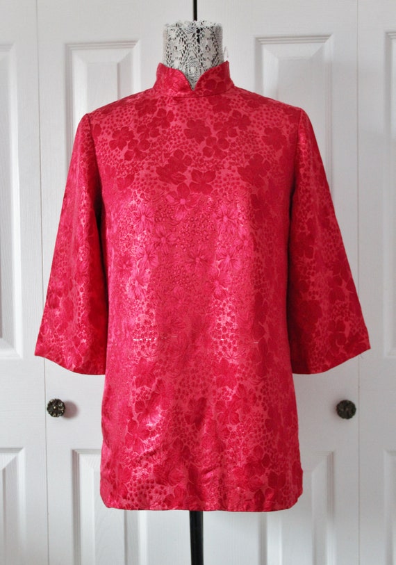 1960s Red Brocade Oriental Inspired Tunic Medium