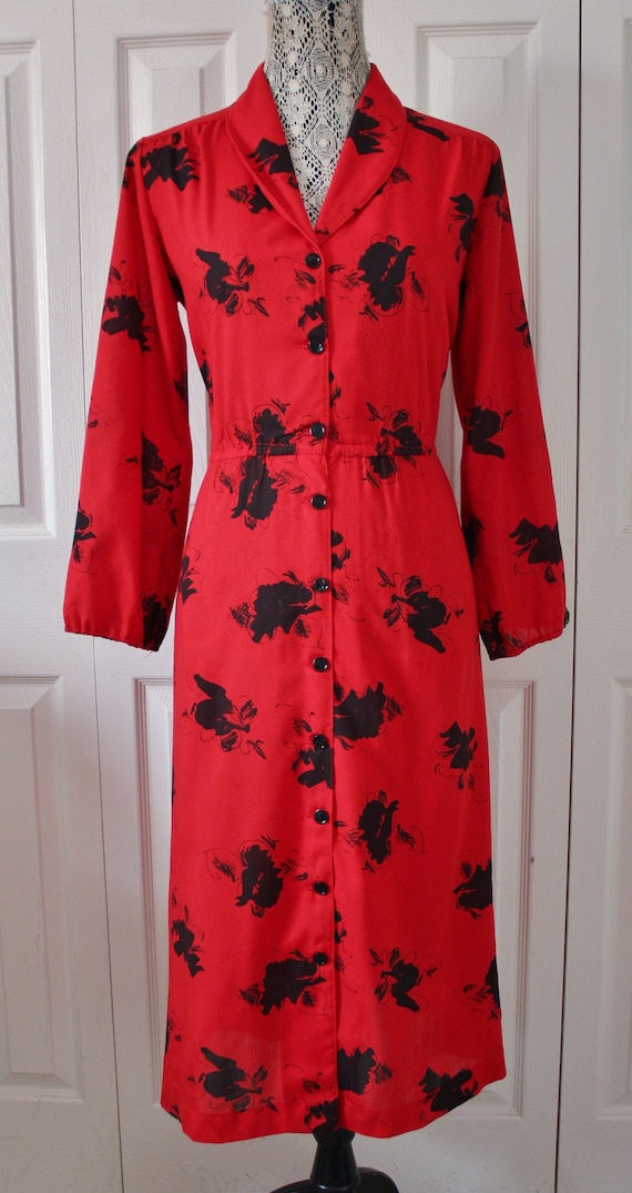 1980s Red and Black Floral Cotton Dress Medium to
