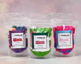 Ensemble d’échantillons de poussière Luv, Crumble de bombe de bain, pastèque, boucles fruitées, barbe à papa, cadeau pour elle, bombe de bain