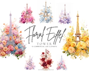 Floral Eiffel Tower PNG Files, Paris Clipart, Parisian Sublimation Design, Watercolor Flowers, Commercial Use, Scrapbooking, Junk Journal