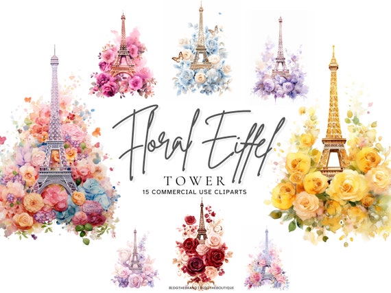 Floral Eiffel Tower PNG Files, Paris Clipart, Parisian Sublimation Design, Watercolor Flowers, Commercial Use, Scrapbooking, Junk Journal