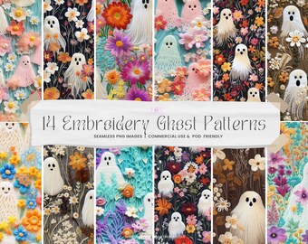 Embroidery Sheet Ghost Seamless Patterns, 3d Floral Ghost Faux Embroidered PNG, Cute Halloween Repeating Pattern, Digital Paper, Repeat File