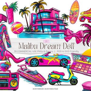 Barb PNG, Pink Doll Clipart, Malibu Dream Doll Clip Art Bundle, Fashion Doll Sublimation, Luxury Life Clip Art Licenza per uso commerciale, Spiaggia