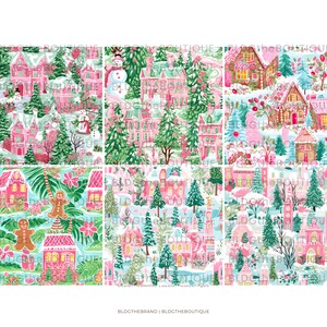 Preppy Christmas Digital Paper, Pastel Christmas Town Seamless Pattern for Fabric, Commercial Use, Scrapbook Paper, Repeating File image 2