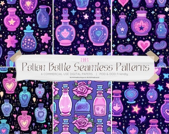 Witchy Potion Bottle Seamless Pattern Bundle, Pastel Halloween Digital Paper Pack, Pastel Goth Commercial Use Repeating Scrapbook Background