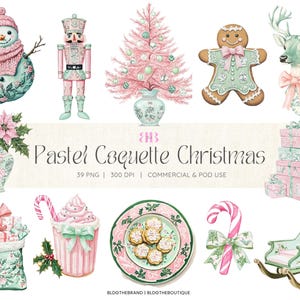 Coquette Christmas PNG, Grandmillenial Christmas-clipart, roze en groene chinoiserie-illustraties, notenkrakertoile, gemberpot, peperkoek, strikken