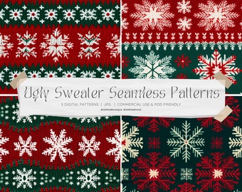 Ugly Christmas Sweater Seamless Digital Paper Pack for Sublimation, Holiday Repeating Patterns, Xmas Print, Repeat File, Commercial Use
