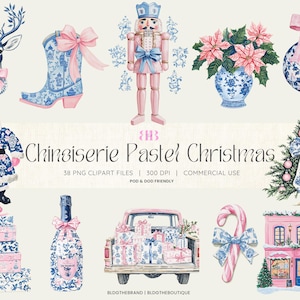 Coqueta china navideña PNG, clipart de toile rosa y azul, clip art navideño grandmillenial, sublimación de cascanueces, casa de jengibre