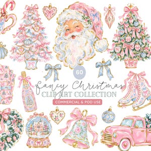 May include: A digital collection of Christmas-themed illustrations featuring a pink Santa Claus, decorated trees, a nutcracker, a wreath, a truck, ice skates, a mug, and ornaments, with the text 60 fancy Christmas CLIP ART COLLECTION.