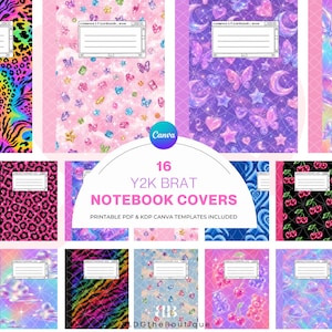 May include: A collection of 16 notebook covers featuring Y2K-inspired patterns including leopard print, butterflies, hearts, stars, and cherries. Each cover displays a white rectangular label with the text compositionbook.exe at the top.