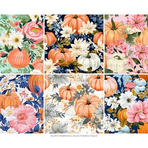 May include: A seamless pattern featuring pumpkins and flowers in various colours, including orange, white, pink, blue, and green. The pattern is perfect for autumn-themed crafts and projects.