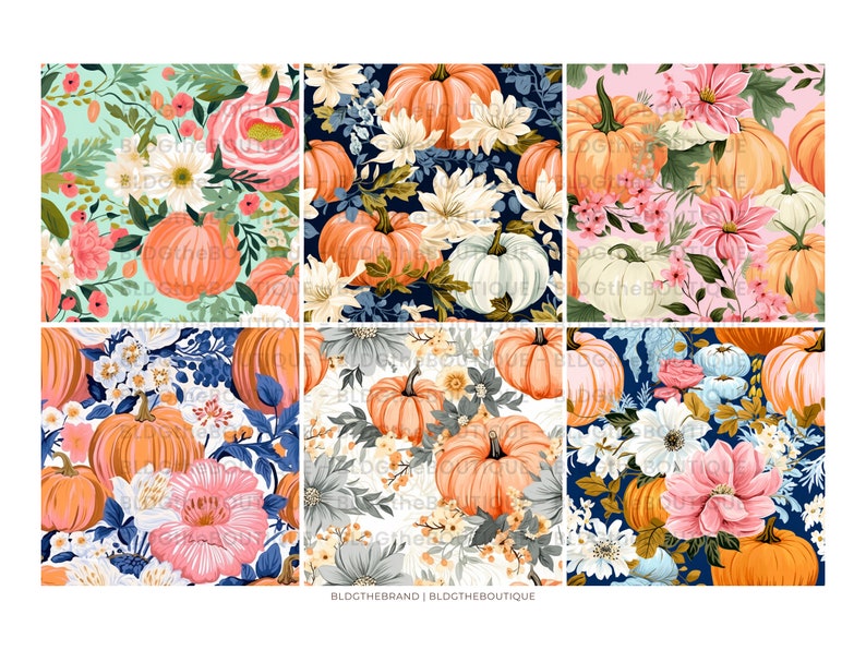May include: A seamless pattern featuring pumpkins and flowers in various colours, including orange, white, pink, blue, and green. The pattern is perfect for autumn-themed crafts and projects.