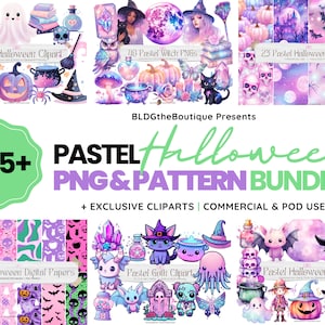 Zestaw pastelowych clipartów Halloween, słodkie Halloween PNG, pastelowe wzory bezszwowe, wiedźmia grafika wektorowa, przerażające kawaii, sublimacja, komercyjny