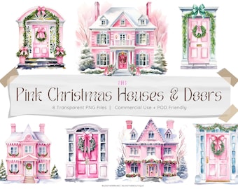 Watercolor Pink Christmas House & Front Door PNG Clipart, Mansion, Dollhouse, Dream Home, Holiday Front Porch Clip Art, Commercial Use