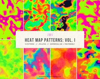 Thermal Heat Map Seamless Patterns, Neon Y2k Aesthetic Abstract Wave, Psychedelic Digital Paper, Retro Aura Gradient, Wavy Lines, Commercial