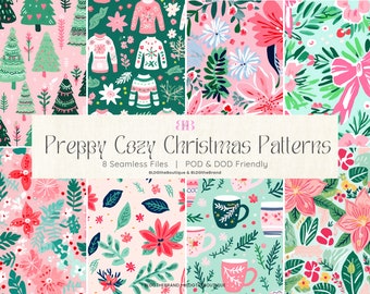 Preppy Pastel Christmas Seamless Patterns, Christmas Floral Digital Paper, Pink Christmas, Poinsettia, Commercial Use, Repeating File, Green