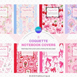 Puede incluir: Ocho portadas digitales para cuadernos con patrones rosas y rojos de lazos, cerezas, flores y cuadros. Cada portada incluye una etiqueta central con el texto Composition Book. La colección incluye plantillas PDF imprimibles y Canva.
