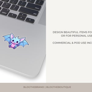 May include: A blue and pink cartoon bat with a happy expression. The bat is on a silver laptop. The text "DESIGN BEAUTIFUL ITEMS FOR SALE OR FOR PERSONAL USE COMMERCIAL & POD USE INCLUDED" is below the bat.